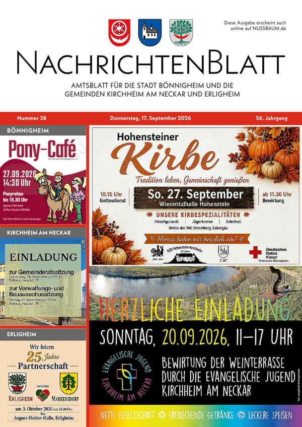 Das Bild zeigt die aktuelle Ausgabe des Nachrichtenblatts der Stadt B&ouml;nnigheim und der Gemeinden Kirchheim am Neckar und Erligheim